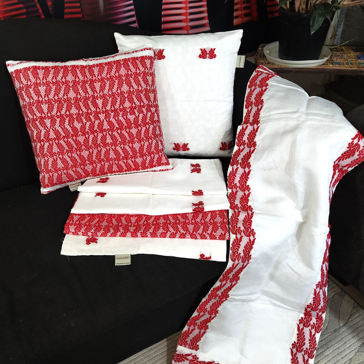 white and red cushion cover set with runner