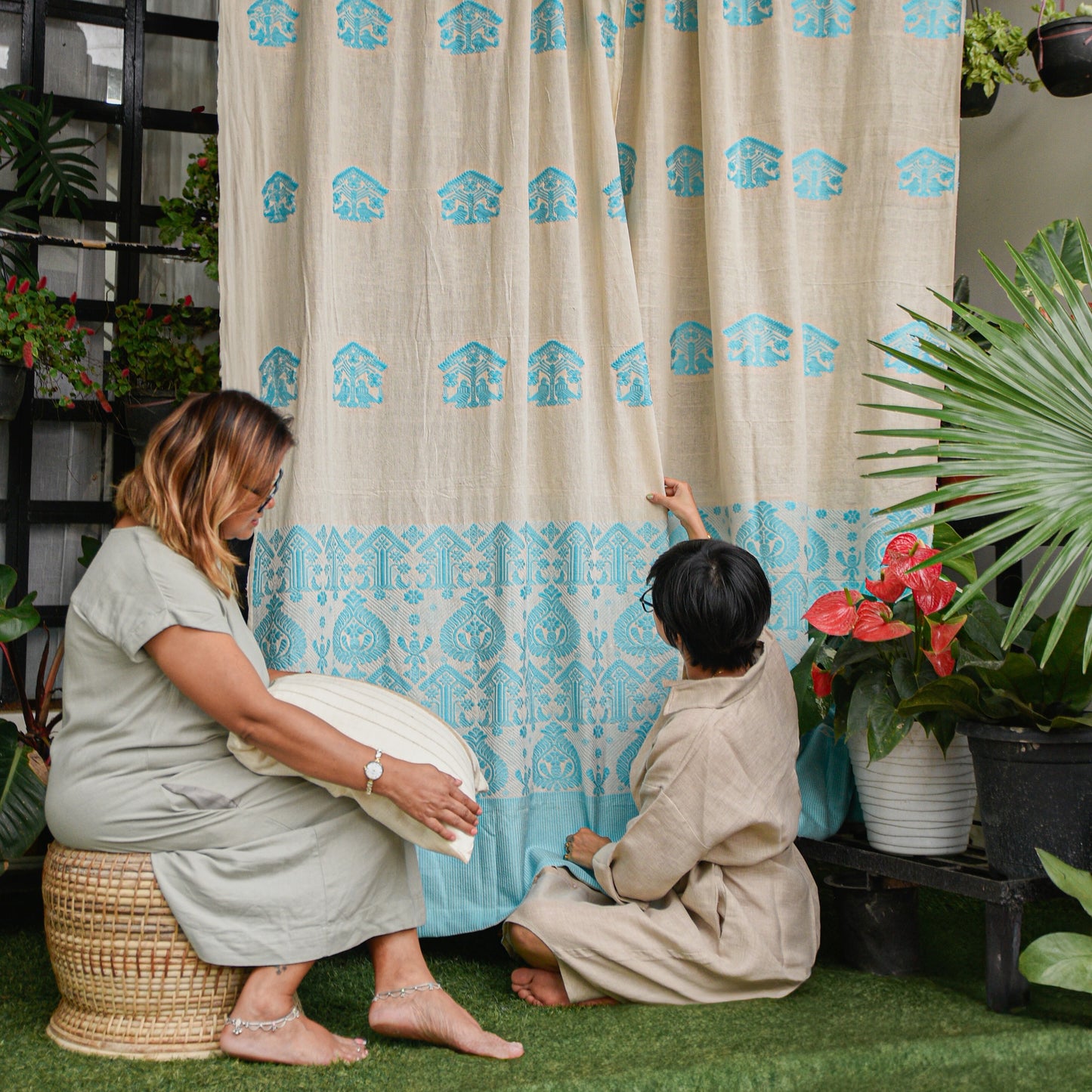 Beige & Light Blue Buta Curtain
