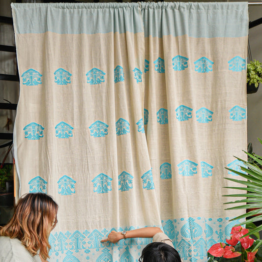 Beige & Light Blue Buta Curtain