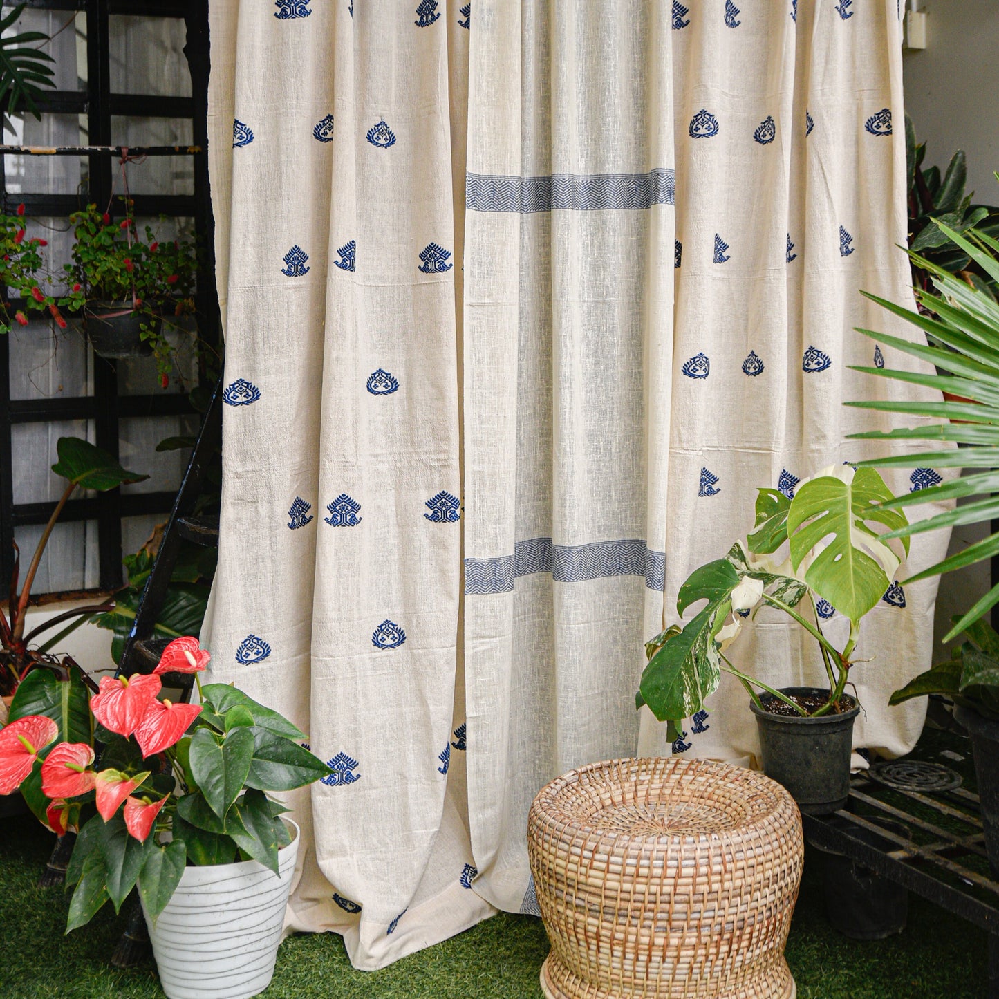 Beige & Navy Blue Buta Curtain