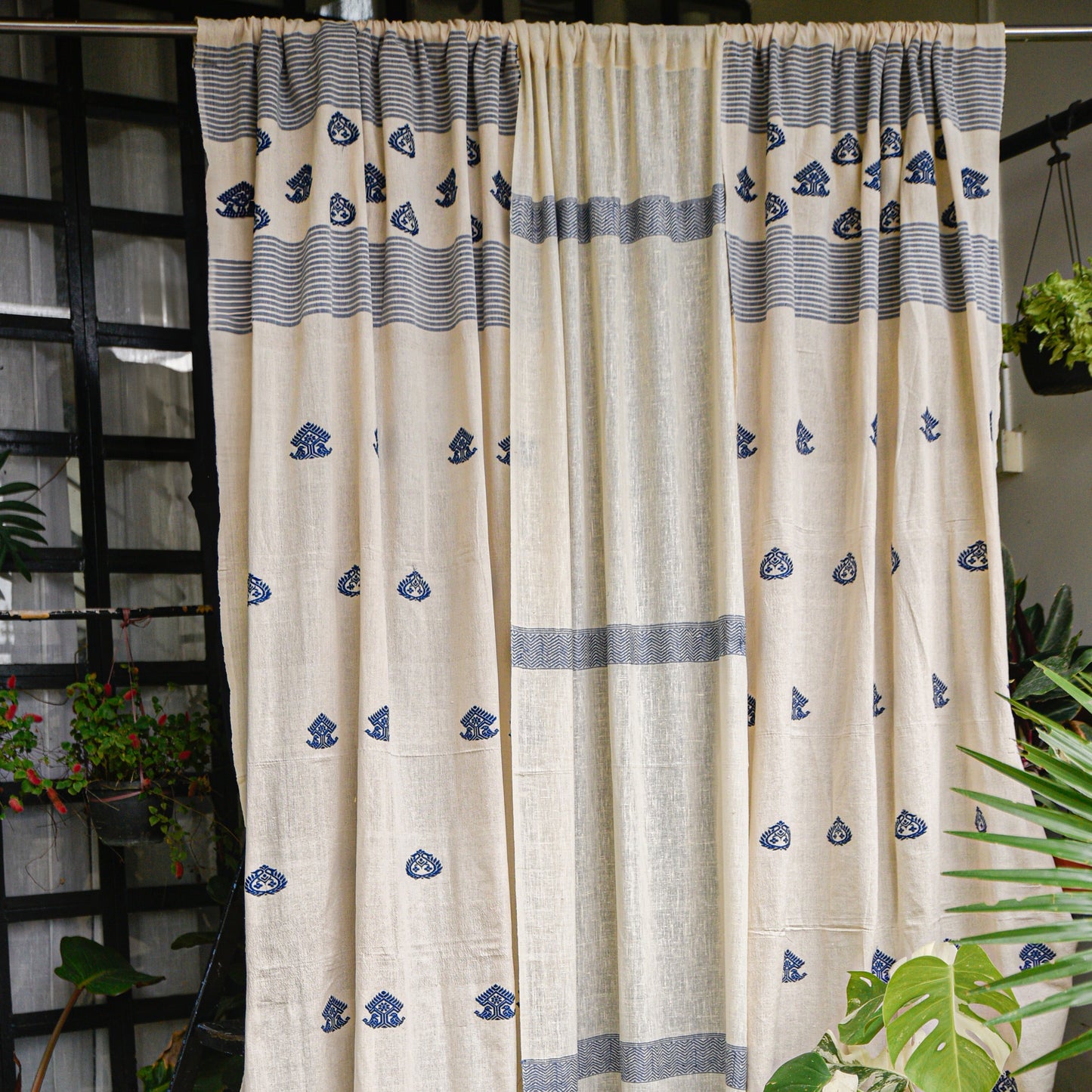 Beige & Navy Blue Buta Curtain