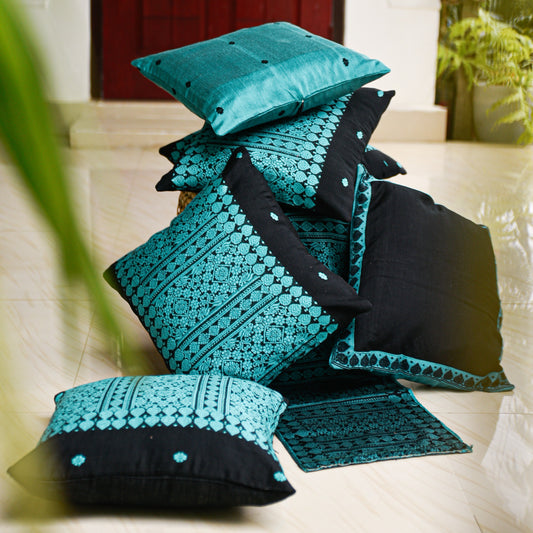 Green & Black Cushion Cover Set with Runner