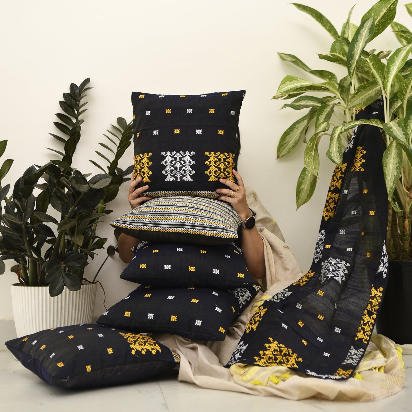 Dark Blue with Gold & Silver Cushion Cover Set with Runner