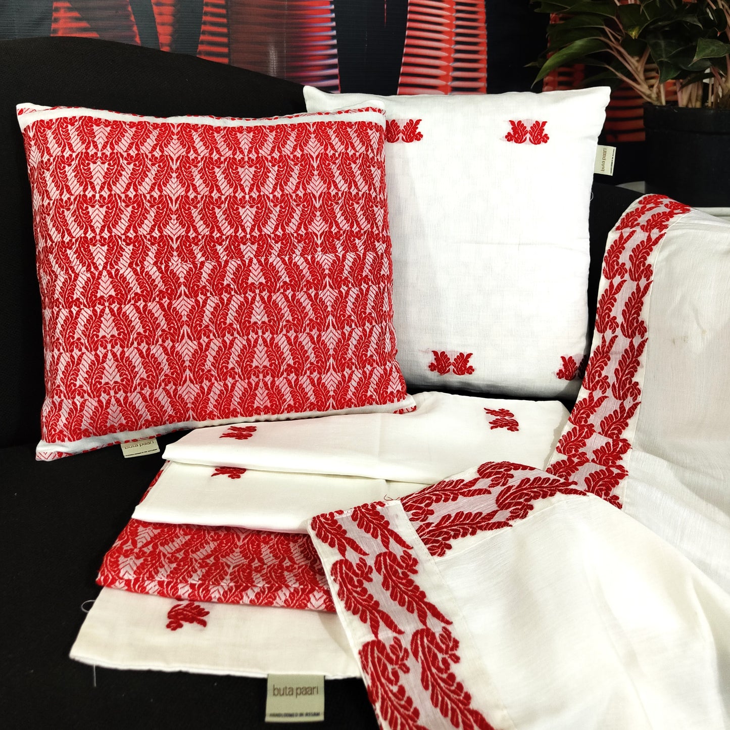 white and red cushion cover set with runner