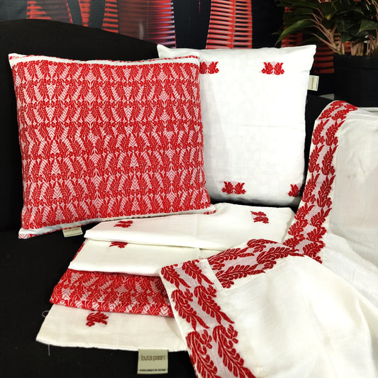white and red cushion cover set with runner