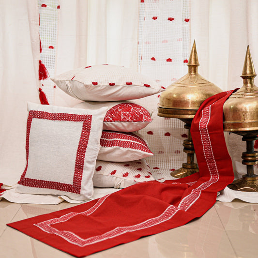 White & Red Cushion Cover Set with Runner